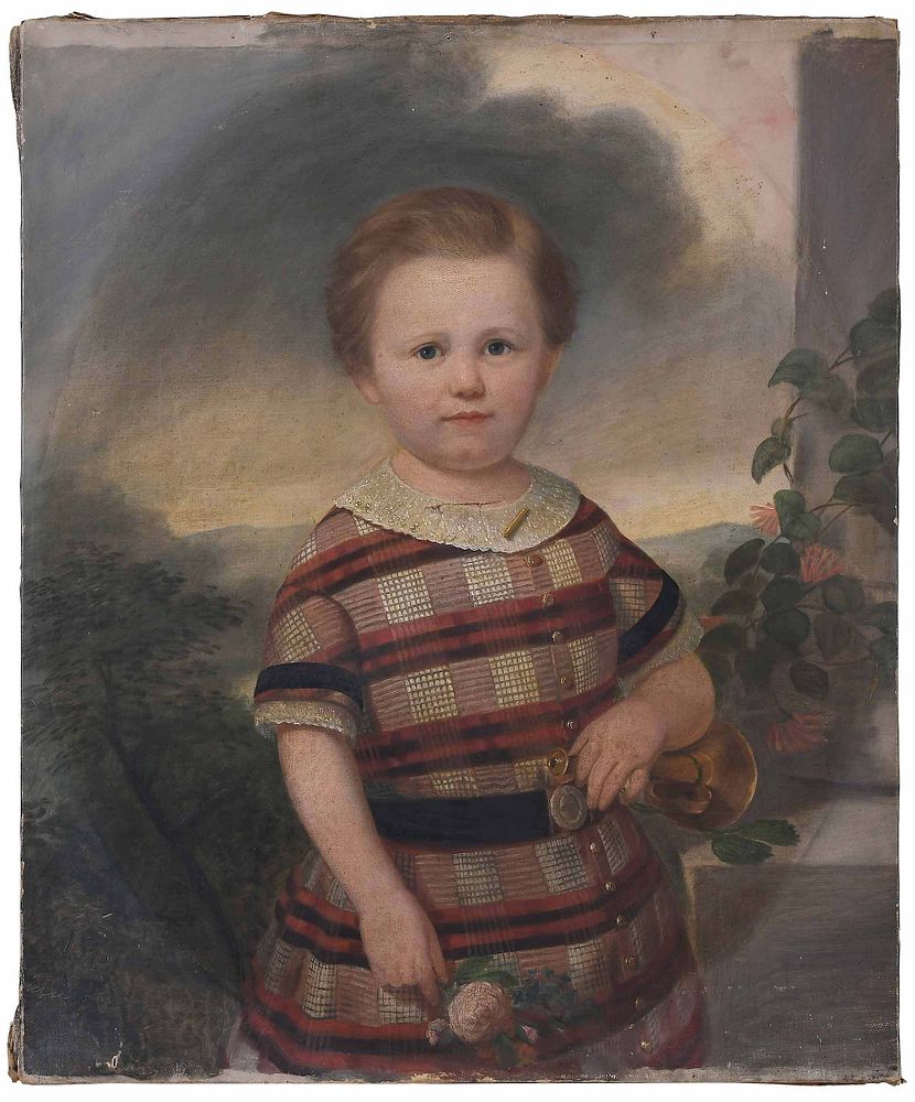 Appraisal: American School th century Young Boy in Plaid unsigned oil