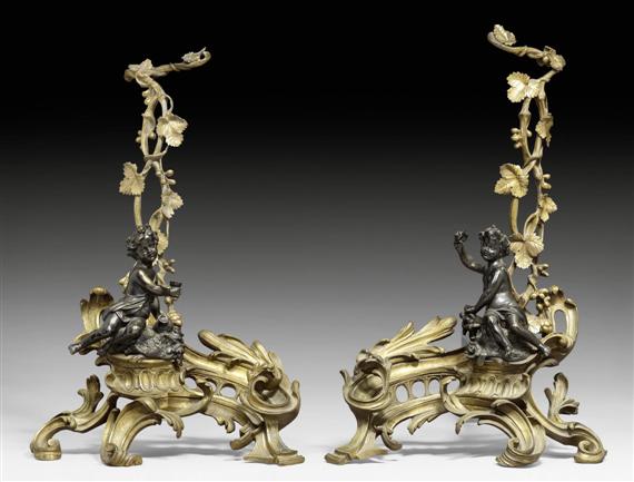 Appraisal: PAIR OF FIREPLACE CHENETS AUX BACCHANTES Louis XV style Paris