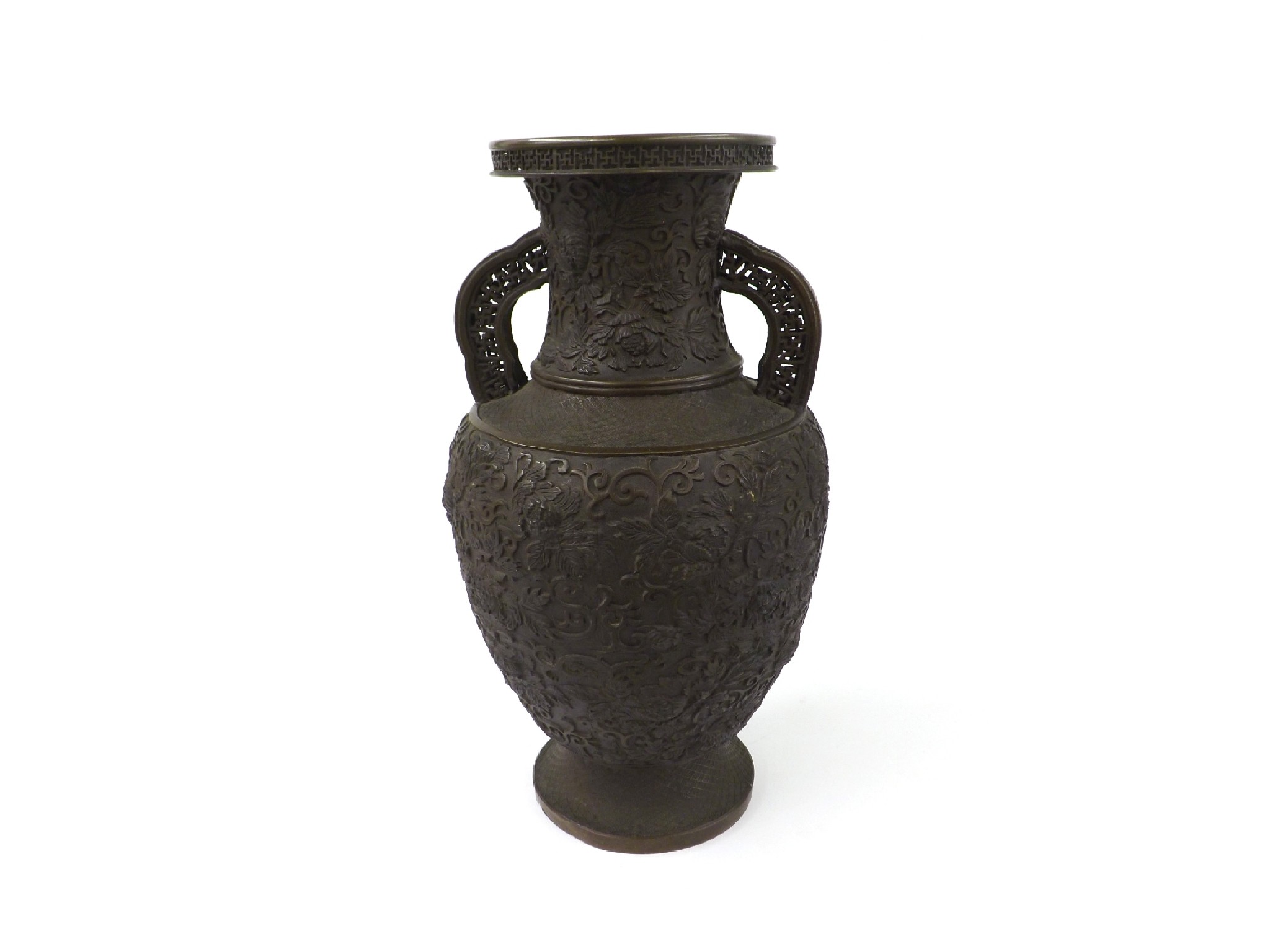 Appraisal: Japanese bronze twin handled baluster vase embossed with scrolled foliage