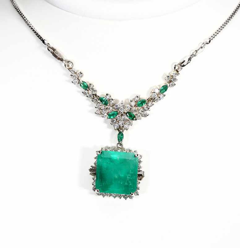 Appraisal: An emerald diamond and K white gold necklace The center