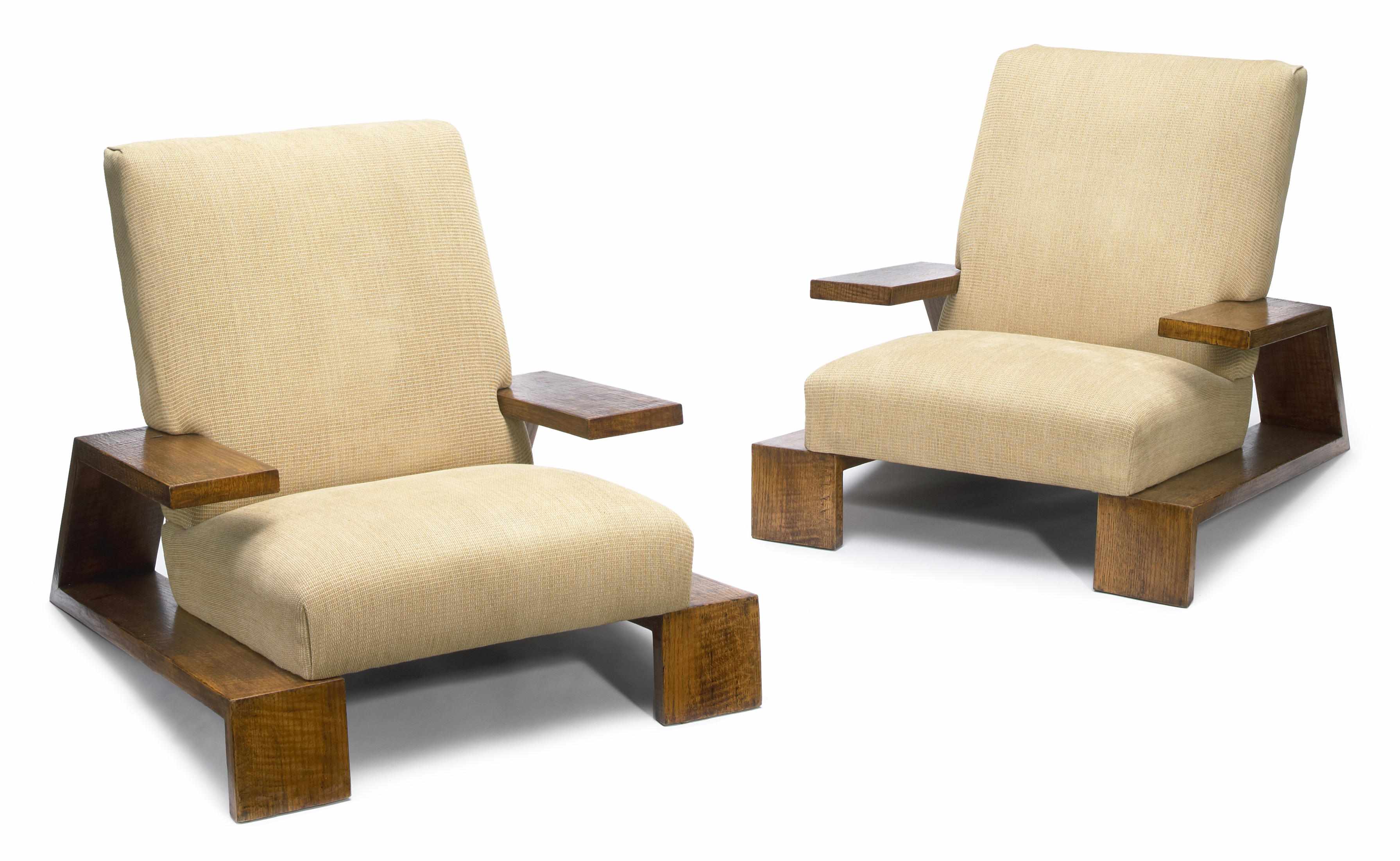 Appraisal: A pair of French Modernist oak and upholstered armchairs second