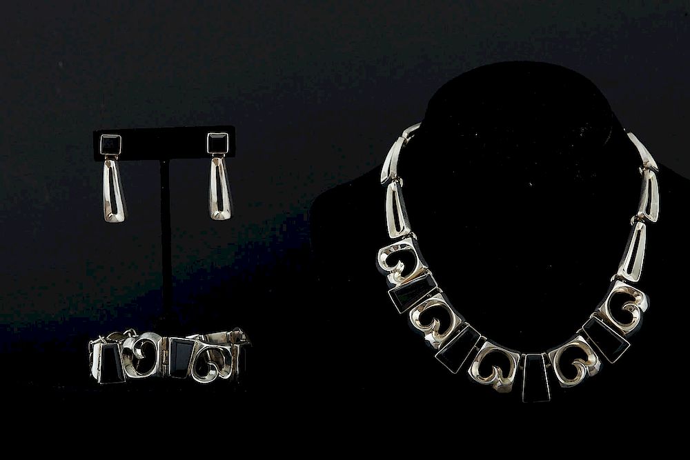 Appraisal: Modernist Mexican Necklace Bracelet and Earrings Modernist Mexican sterling silver