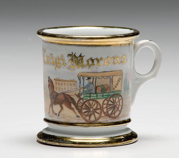 Appraisal: FRUIT WAGON DRIVER'S OCCUPATIONAL SHAVING MUG porcelain with polychrome painted