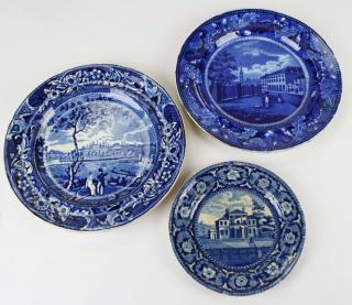 Appraisal: three deep blue Historical Staffordshire plates with transfer dec American