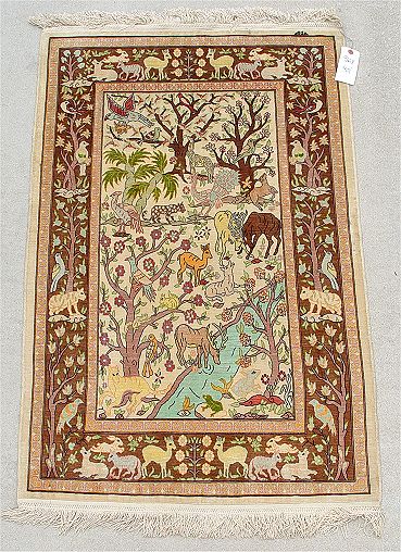 Appraisal: TURKISH HEREKEH SILK ORIENTAL RUG WITH ANIMAL FIGURES Approx ''