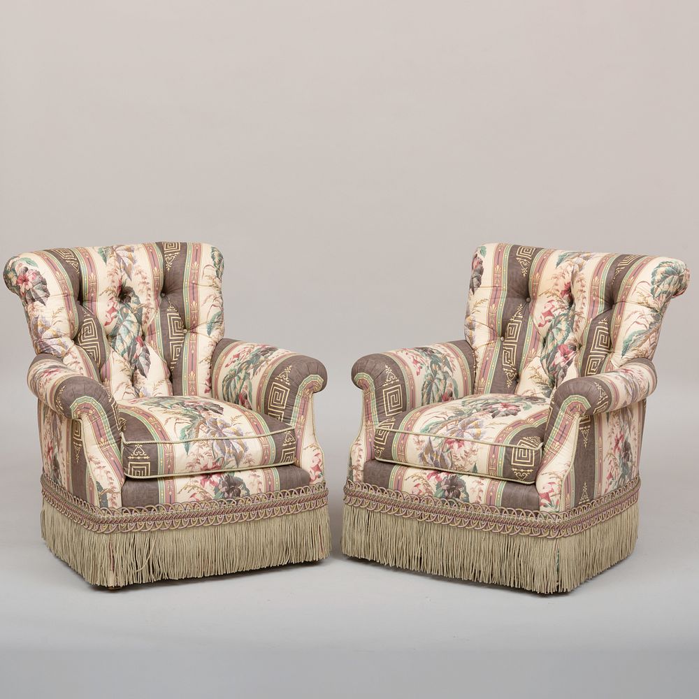 Appraisal: Pair of Cotton Tufted Upholstered Club Chairs with Fringe x