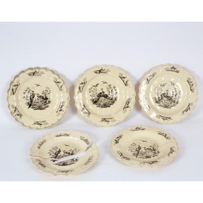 Appraisal: Five Liverpool printed creamware flowerhead moulded plates circa printed in