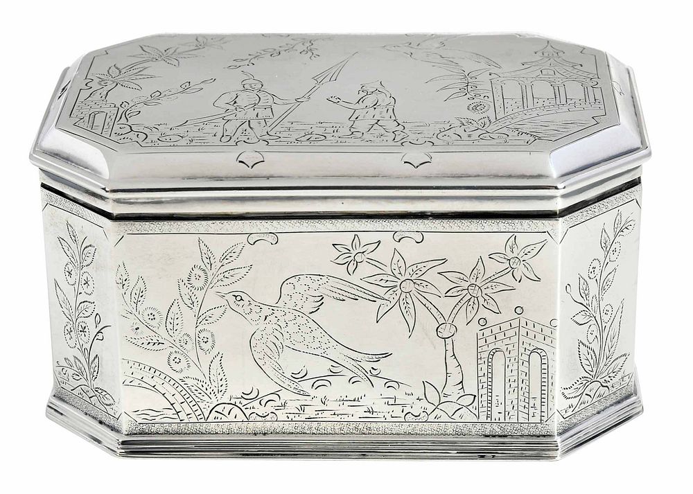 Appraisal: English Silver Box with Orientalist Scenes London rectangular form with