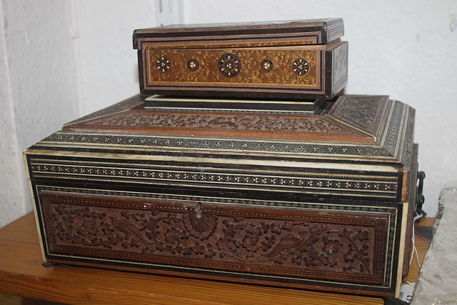 Appraisal: AN INDIAN SANDALWOOD AND SEDILI INLAID SEWING BOX cm a