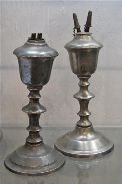 Appraisal: Two pewter camphene burner lamps f porter me Each with