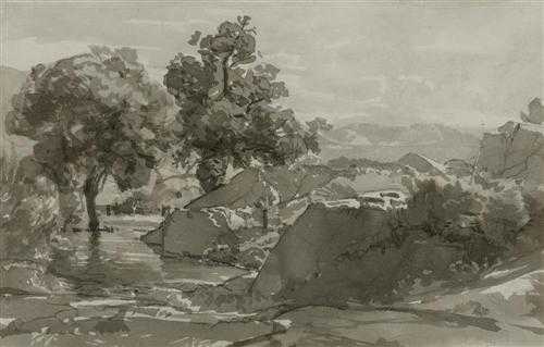 Appraisal: MENN BARTHELEMY Geneva River landscape Pen and brush in grey