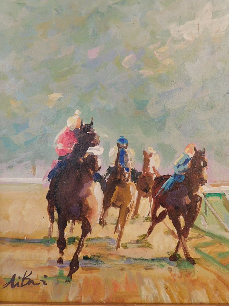 Appraisal: IMPRESSIONIST HORSE RACE PAINTING Vintage impressionist oil painting of a