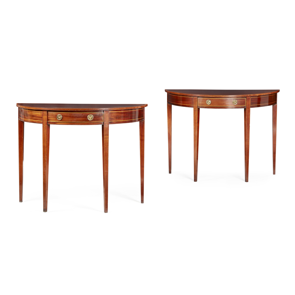 Appraisal: PAIR OF GEORGE III STYLE MAHOGANY AND KINGWOOD DEMI LUNE