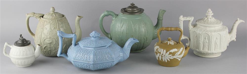 Appraisal: SIX ENGLISH STONEWARE TEAPOTS AND COVERS th C including a