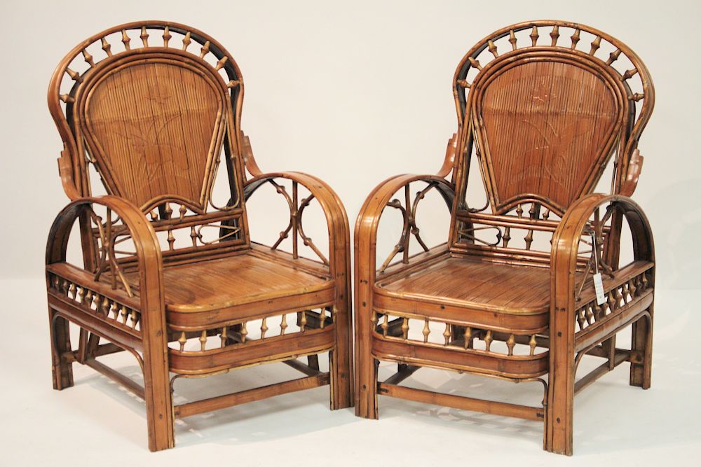 Appraisal: Pair Chinese Bamboo Open Armchairs Shanghai Hotel embossed lotus on