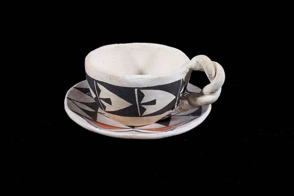 Appraisal: Acoma Handmade Polychrome Pottery Tea Cup Saucer Featured in this