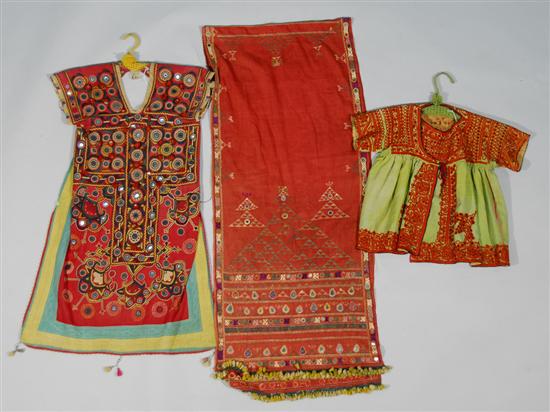 Appraisal: TWO EMBROIDERED CHILDRENS GARMENTS and an EMBROIDERED SCARF possibly Pakistani