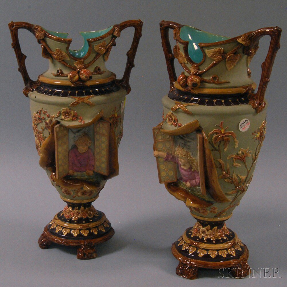 Appraisal: Pair of William Schiller Sons Figural Majolica Vases Austria th