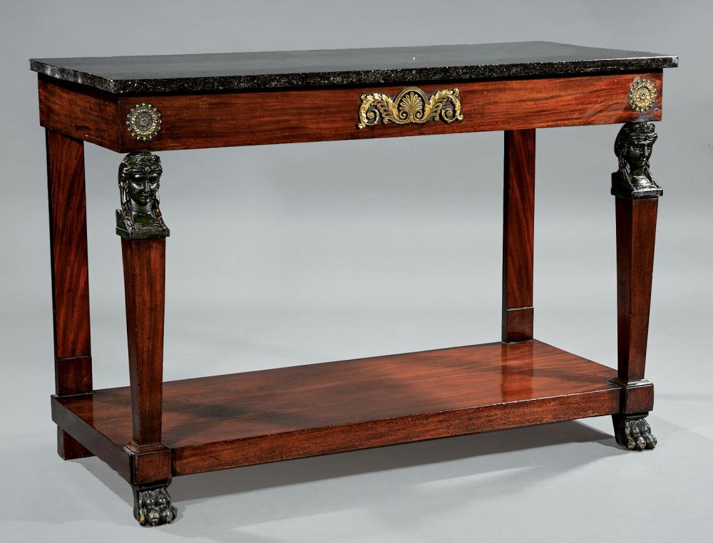 Appraisal: Empire Bronze-Mounted Mahogany Console th c black marble top Egyptianesque