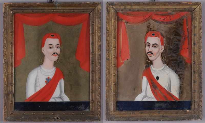 Appraisal: INDIAN OR PERSIAN SCHOOL PAIR OF PORTRAITS Gouache reverse painted