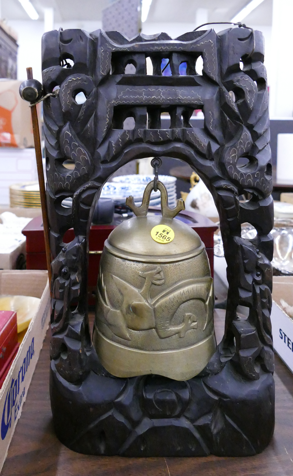 Appraisal: Old Chinese Brass Dragon Bell on Stand- x ''