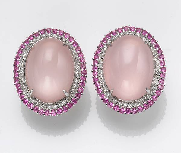 Appraisal: A pair of rose quartz diamond pink sapphire and k