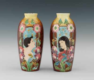 Appraisal: A Pair of Art Nouveau Majolica Vases Each apprx H