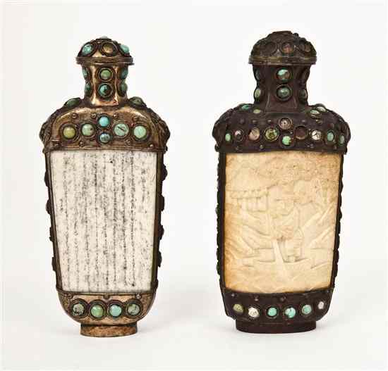 Appraisal: Two Metal and Hardstone Mounted Bone Snuff Bottles each of