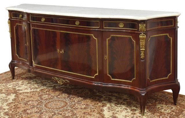 Appraisal: Transitional French Louis XV style marble-top mahogany sideboard th c