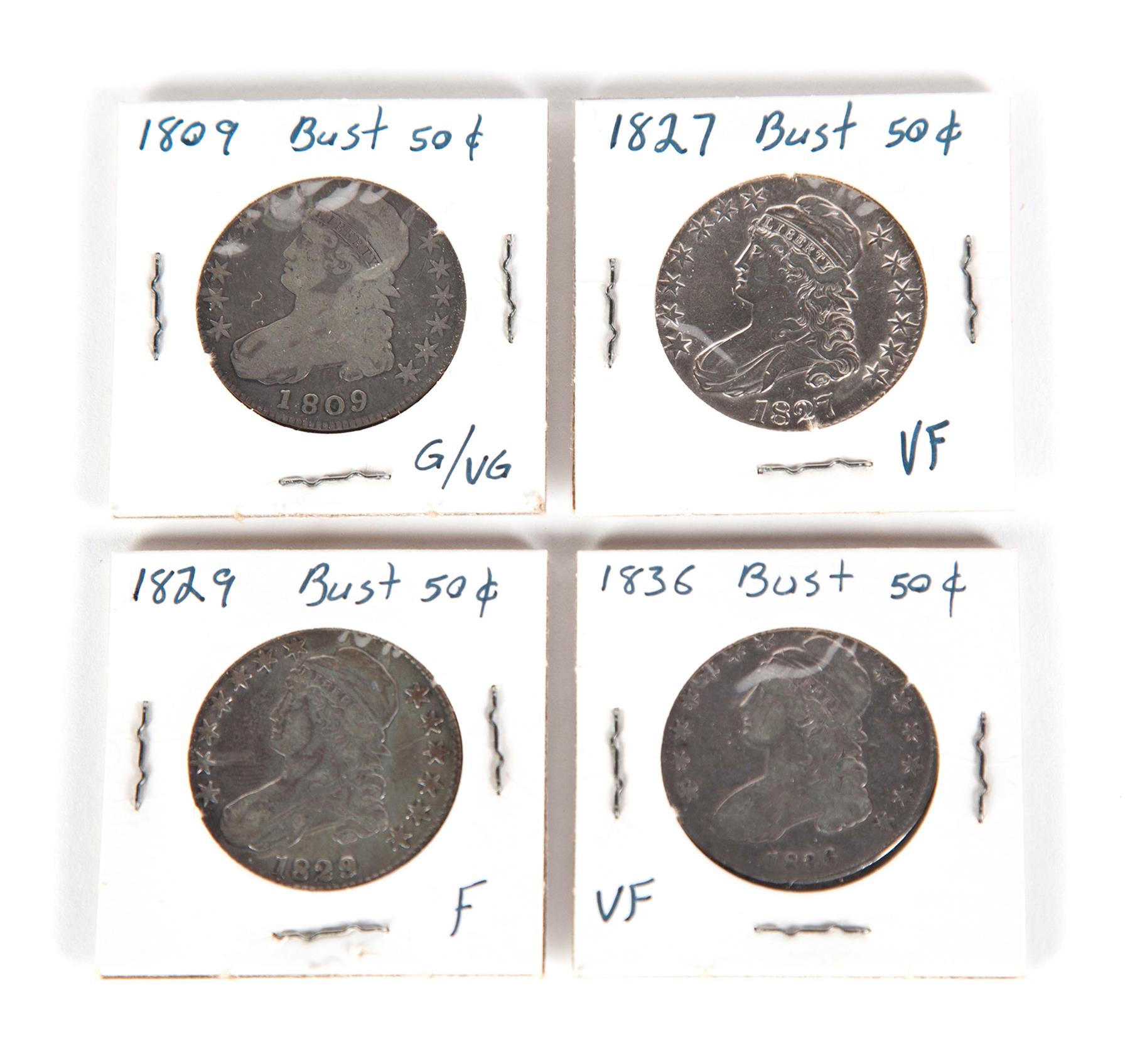 Appraisal: FOUR HALF-DOLLAR SILVER COINS All capped bust and an Together