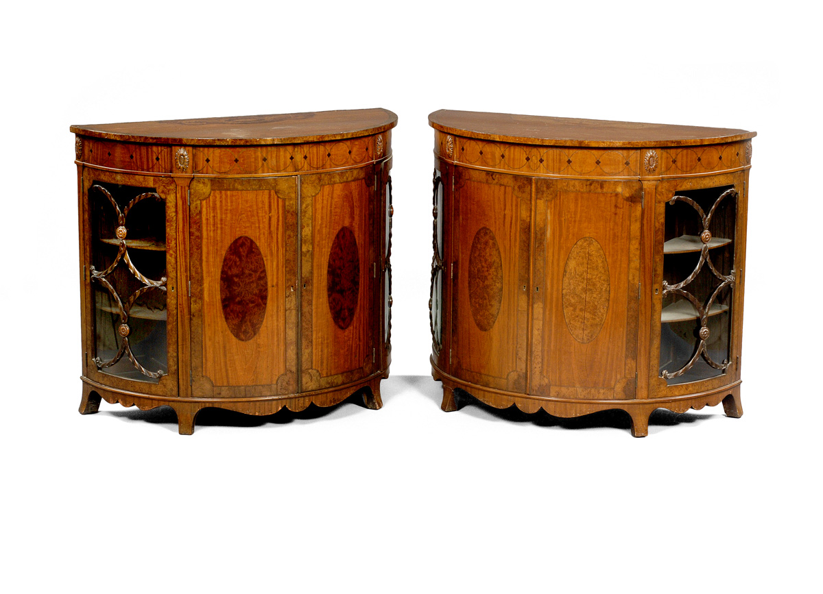 Appraisal: PAIR OF GEORGE III STYLE INLAID MAHOGANY DEMI-LUNE WALL CABINETS