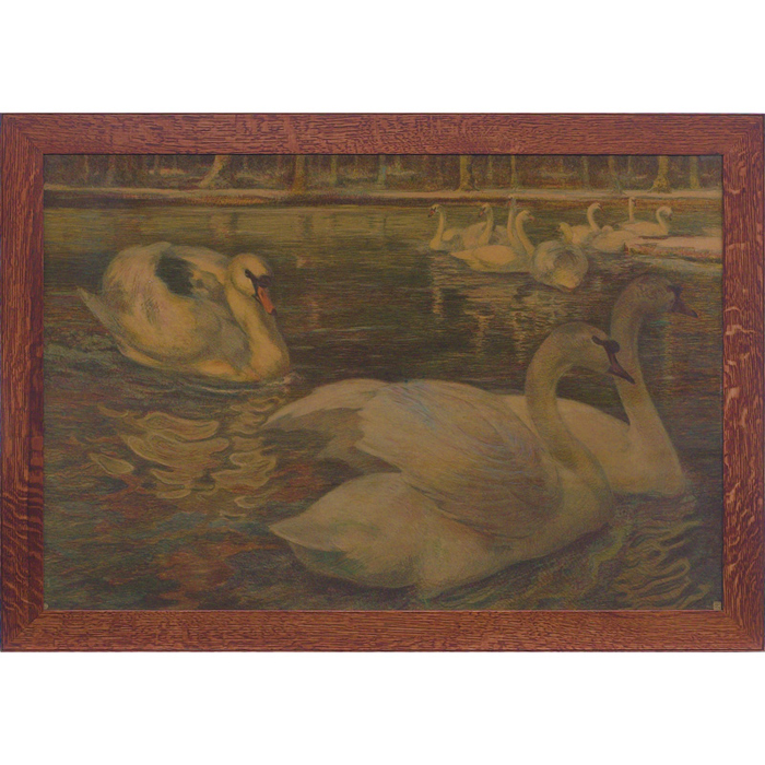 Appraisal: German School chromolithograph c featuring swans on water in a