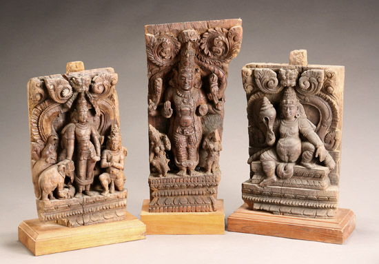 Appraisal: Three Indian Relief Carved Wood Stele Architectural Panels of Divinities