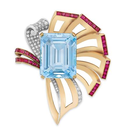 Appraisal: Gold Platinum Aquamarine Diamond and Ruby Bow Clip-Brooch Trabert Hoeffer