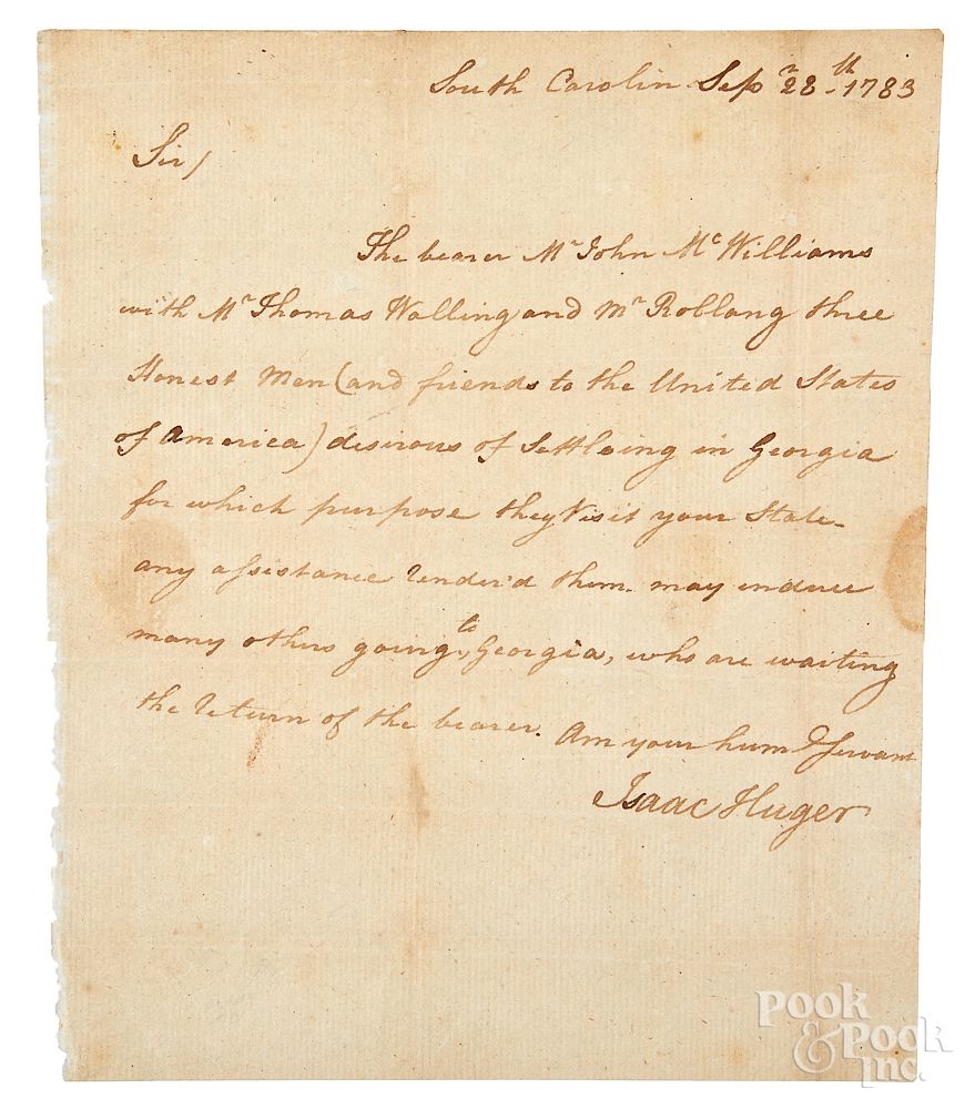 Appraisal: Revolutionary War signed letter from Isaac Huger Revolutionary War era