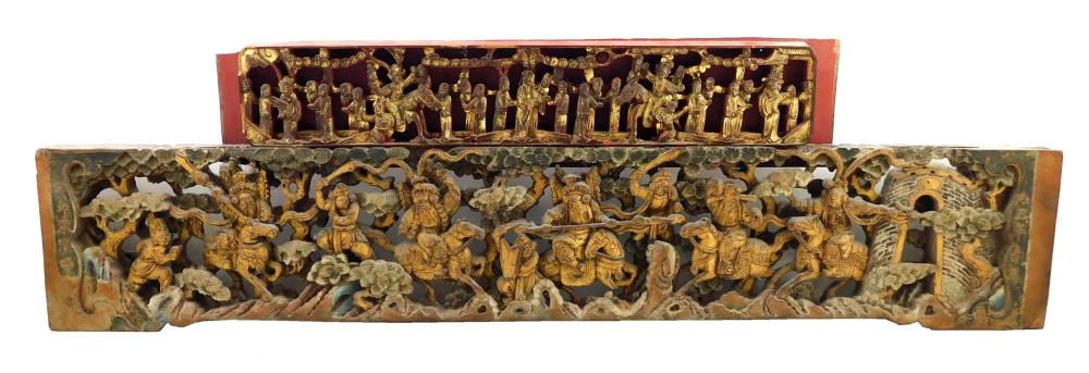 Appraisal: ASIAN Two carved architectural fragments horizontal scenes with figures and