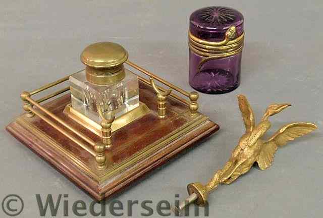 Appraisal: Brass and mahogany inkstand with glass insert h late th