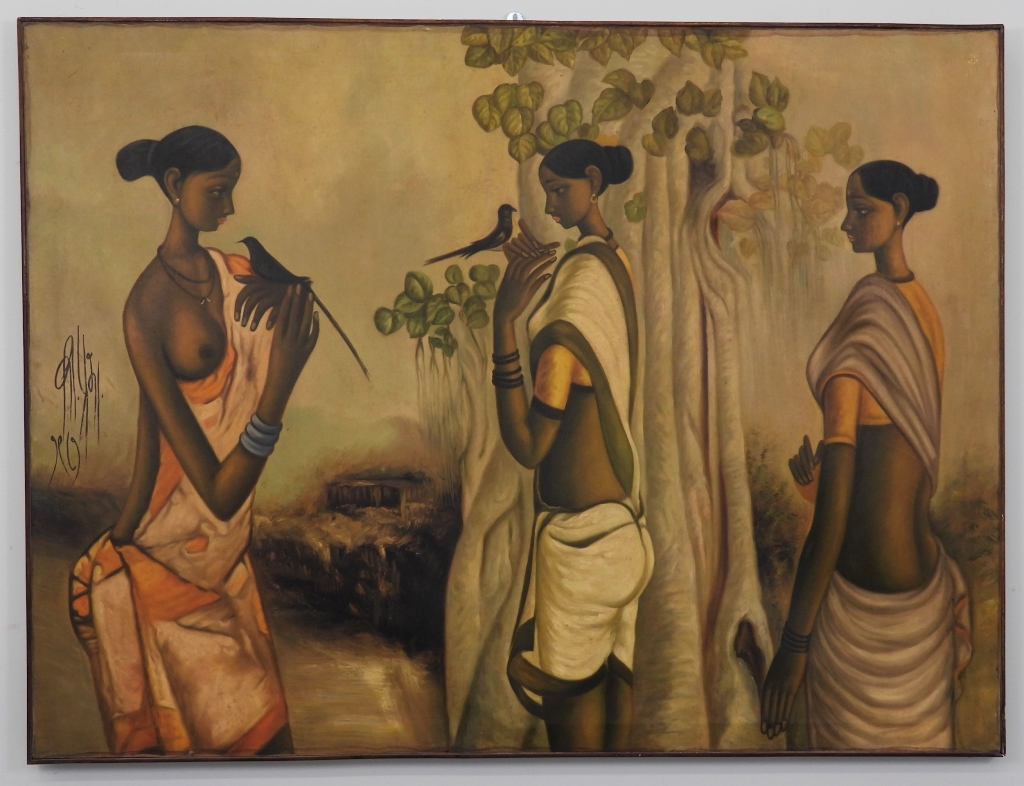 Appraisal: B PRABHA WOMEN FIGURE PAINTING India - Depicts three women