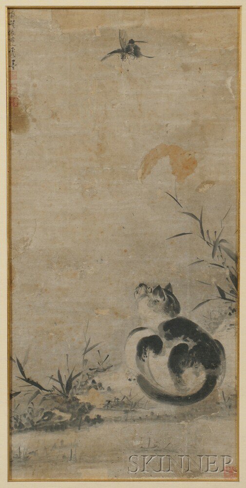 Appraisal: Framed Painting Depicting a Cat Japan ink on paper depicted