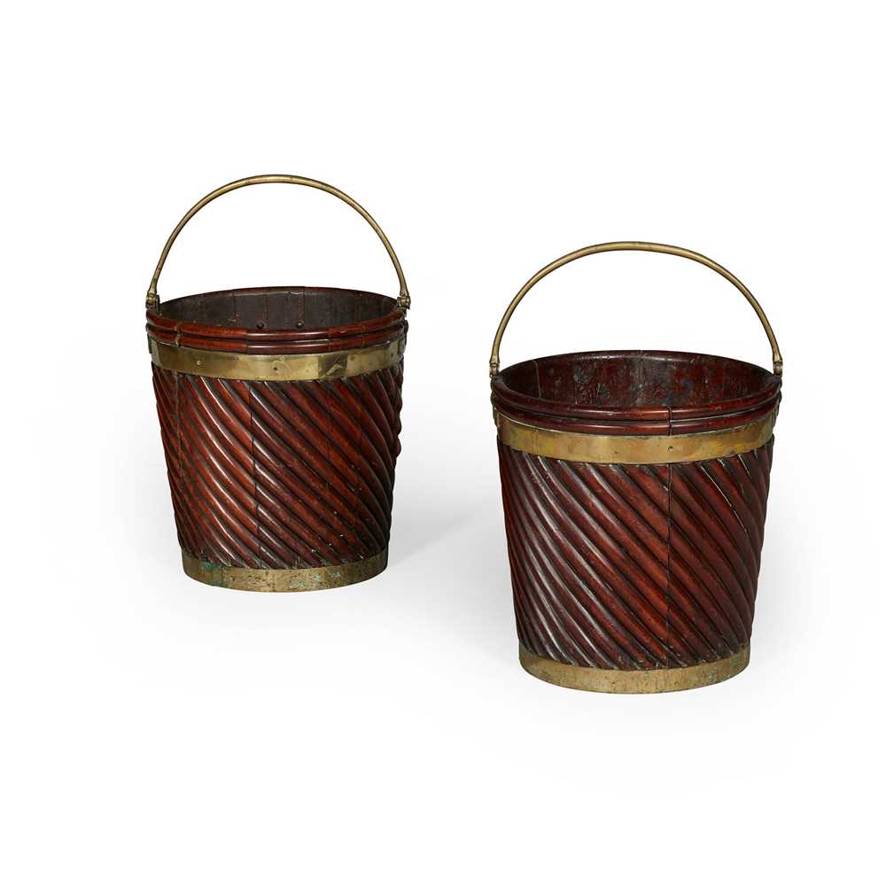 Appraisal: PAIR OF GEORGE III MAHOGANY AND BRASS PEAT BUCKETS LATE