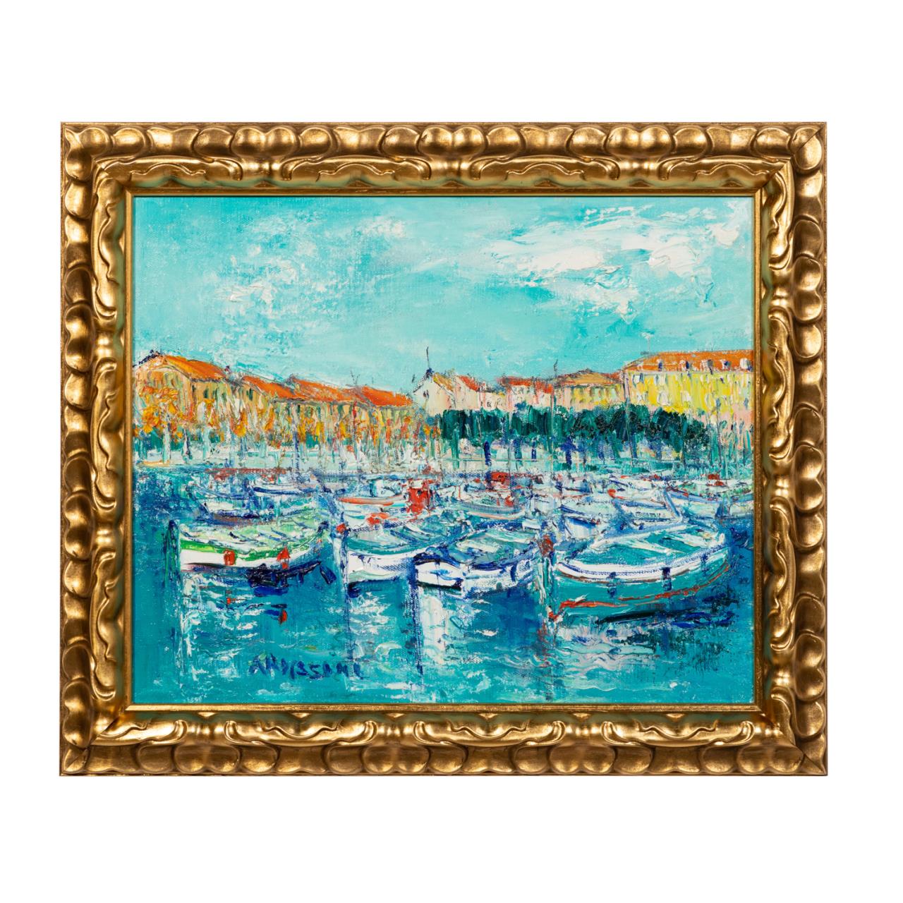 Appraisal: YOLANDE ARDISSONE TOWN HARBOR SCENE FRAMED OIL Yolande Ardissone French