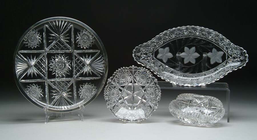 Appraisal: FOUR CUT GLASS ITEMS Serving tray cut in hobstar and