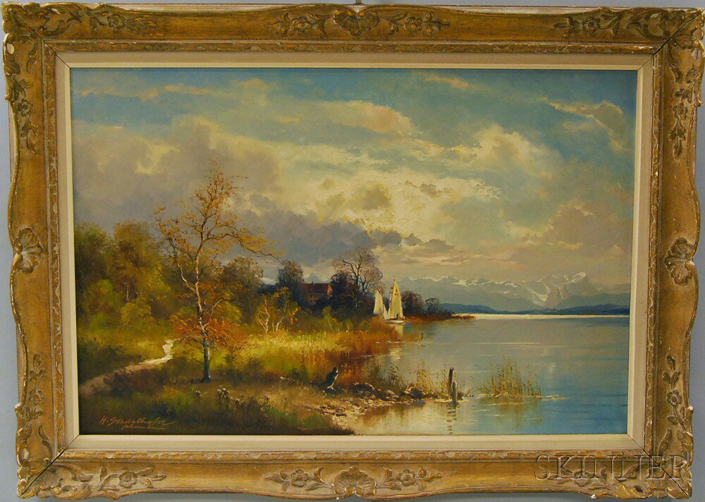 Appraisal: Helmut Stadelhofer German - Lake Scene with Woods and Sailboat