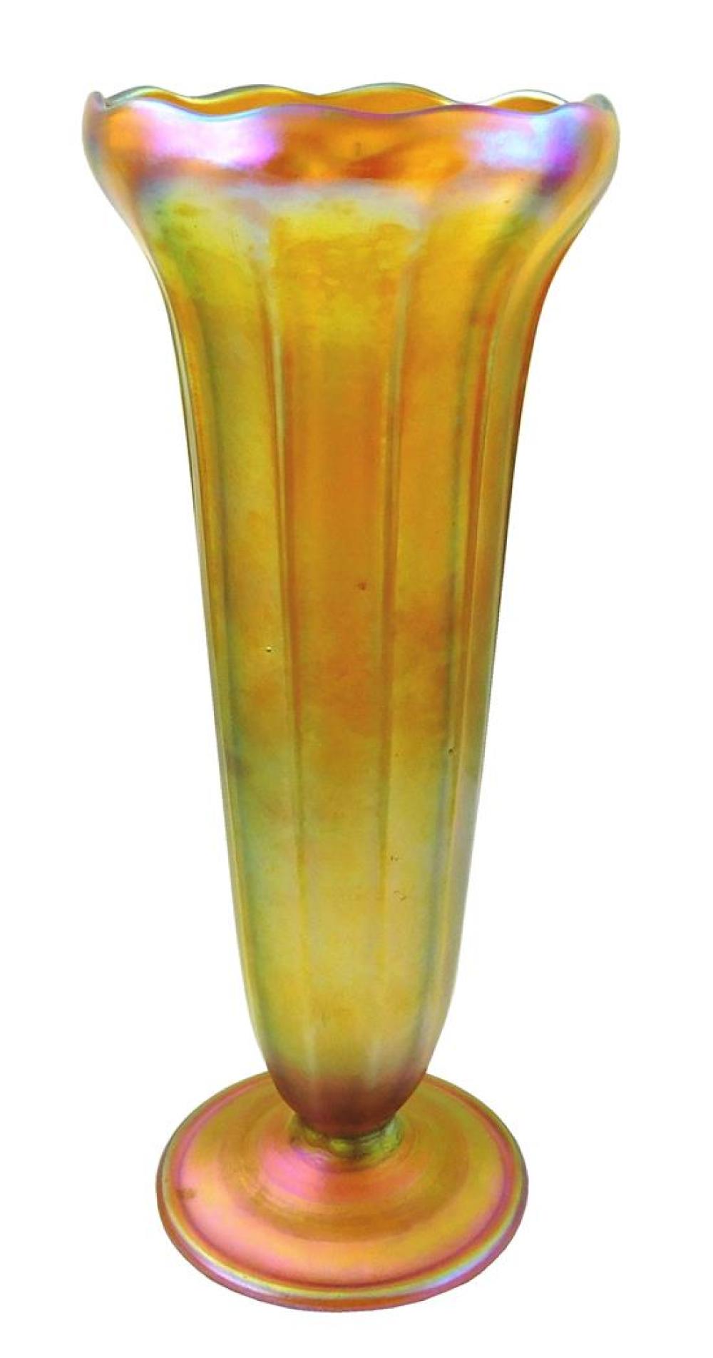 Appraisal: Tiffany Favrile glass vase gold iridescent ruffled rim ribbed body