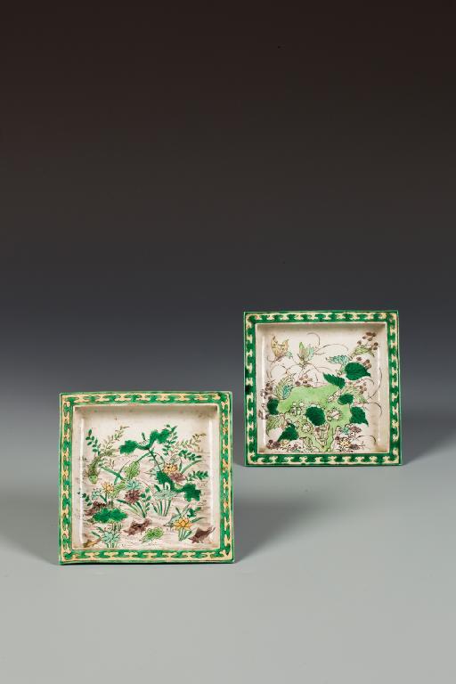 Appraisal: A PAIR OF CHINESE FAMILLE VERTE SQUARE DISHES enamelled with