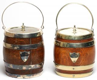 Appraisal: English Oak Biscuit Barrels ca With porcelain liners and electroplate