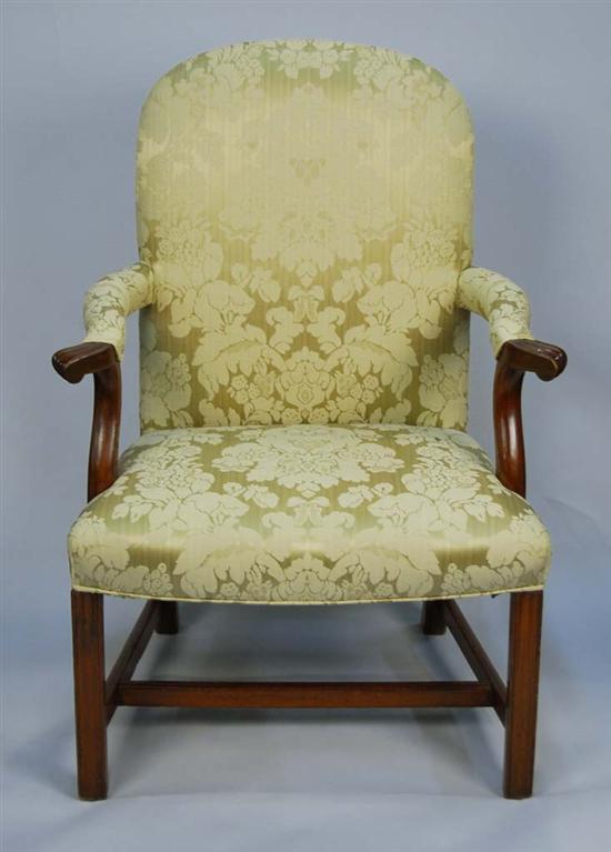 Appraisal: CHIPPENDALE MAHOGANY UPHOLSTERED ARMCHAIR Massachusetts circa - with bowed crest