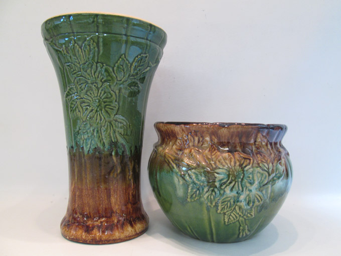 Appraisal: ROSEVILLE MAJOLICA WARE JARDINIERE AND STAND having a blended green