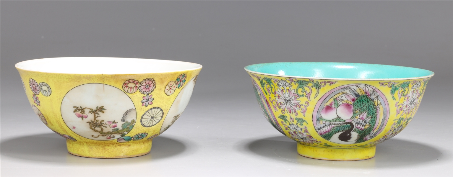 Appraisal: Two Chinese enameled yellow ground porcelain bowls one with turquoise