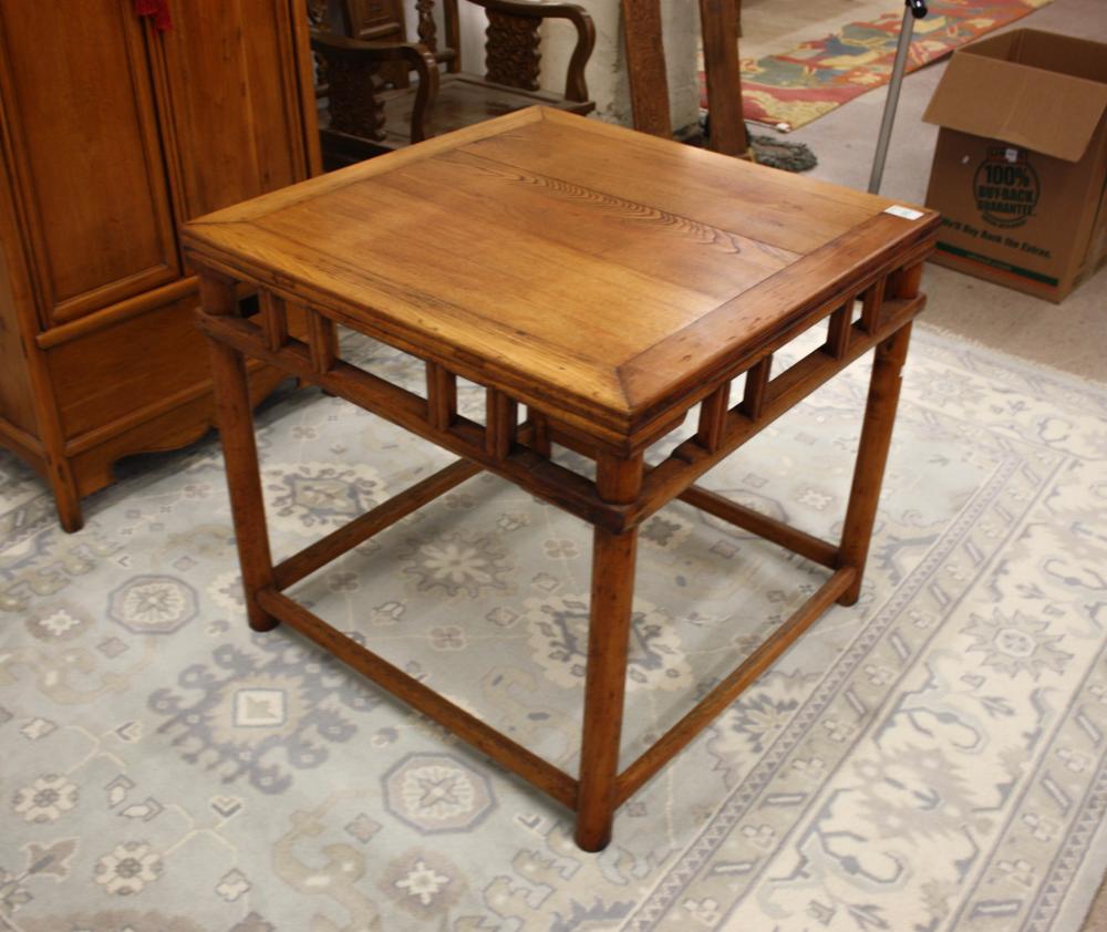 Appraisal: SQUARE CHINESE MING-STYLE CENTER TABLE hand crafted elmwood construction the